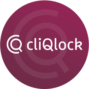 Ein lila Kreis mit dem Wort "cliqlock" in weißer Schrift; zwei ineinander verschlungene Buchstaben "C" und "Q" sind links daneben.