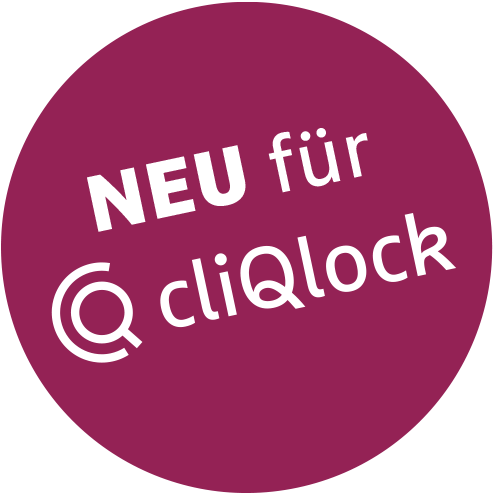 Ein runder, dunkelroter Hintergrund zeigt den weißen Text "NEU für cliQlock".