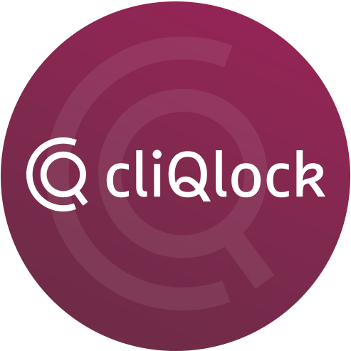 Ein lila Kreis mit dem Wort "cliqlock" in weißer Schrift; zwei ineinander verschlungene Buchstaben "C" und "Q" sind links daneben.